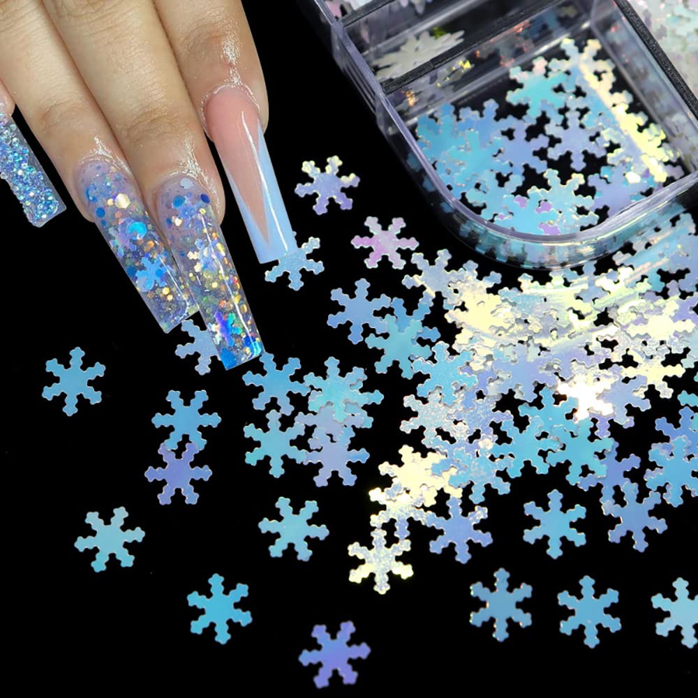 Snowflake Nail Glitter Sequins, 6 Grids Holographic Christmas Nail Art Glitter Snow Flakes Christmas Nail Design Winter Xmas Nail Sticker Decals