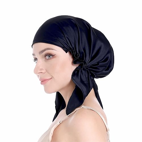 SissiLita Women's Silk Sleep Cap, Large Deep Royal Navy Hair Bonnet for Curly Hair, Moisture Wicking, Lightweight