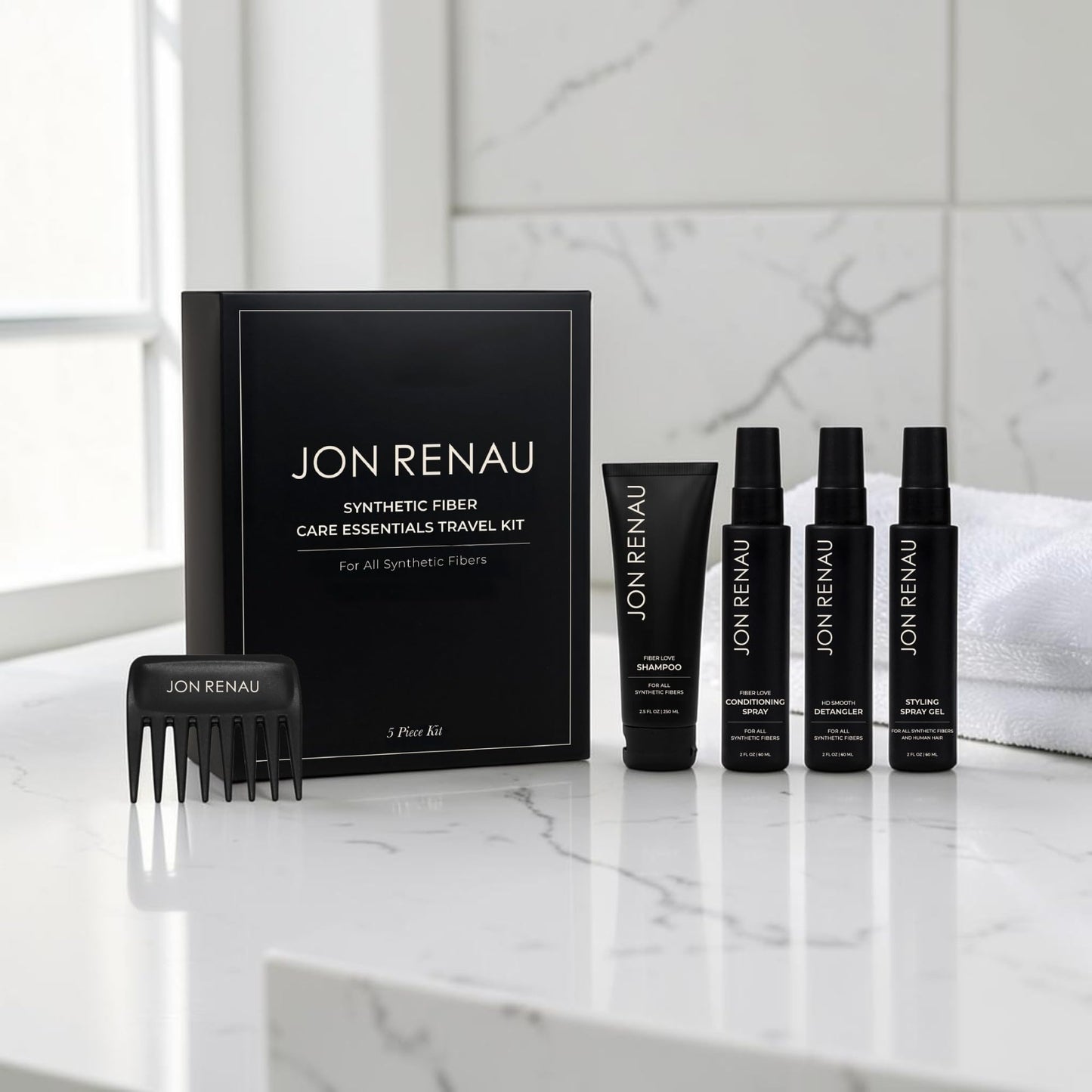 Jon Renau Synthetic Wig Care Travel Kit, 5-Piece Set - Wig Shampoo and Conditioner, Detangler Spray, Styling Gel, Wide Tooth Comb, Travel Sized