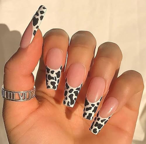 MISUD Press on Nails - Long Coffin Fake Nails with Cow Print, Acrylic French Tip Design 24 pcs
