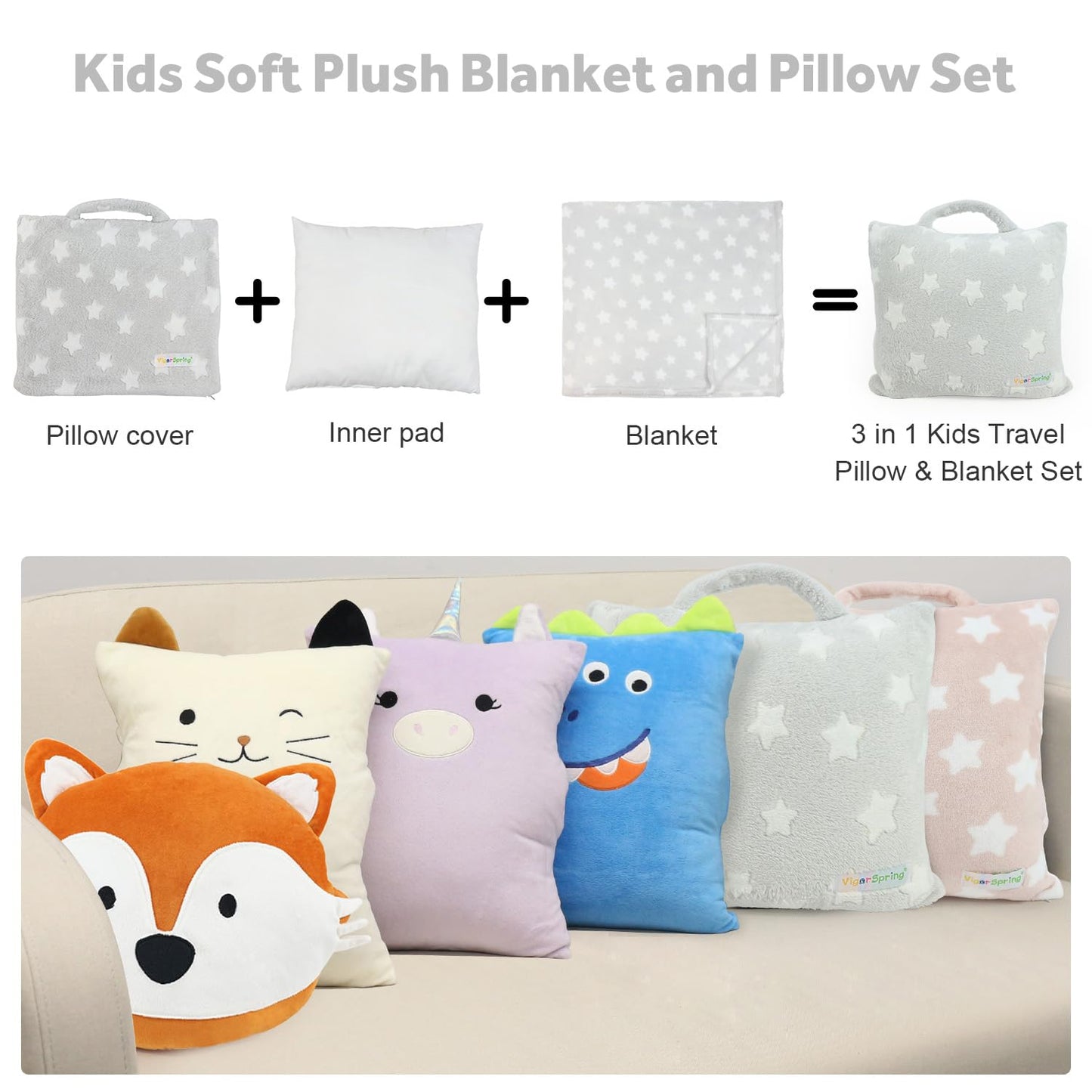 VigorSpring Travel Pillow and Blanket Set - Portable Comfort Item for Children - Grey Star Soft Kids Pillow Blanket (Star)
