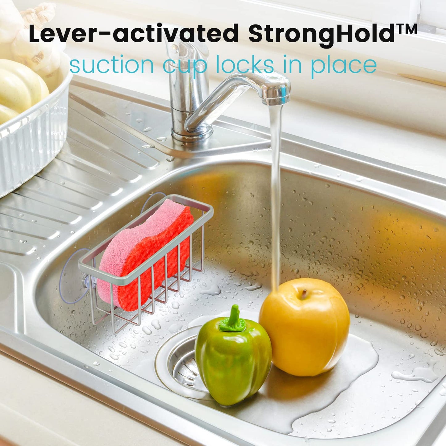 HLOOL Kitchen Sink Sponge Holder – Matte Silver Sink Caddy & Dish Soap Organizer