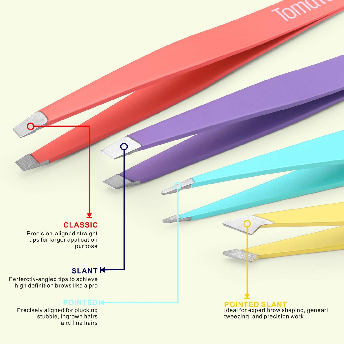 Tomata Tweezers for Eyebrows, Slant Tip and Pointed Eyebrow Tweezer Set Great Precision for Eyebrows Facial Hair, Ingrown Hair, Splinter, Blackhead