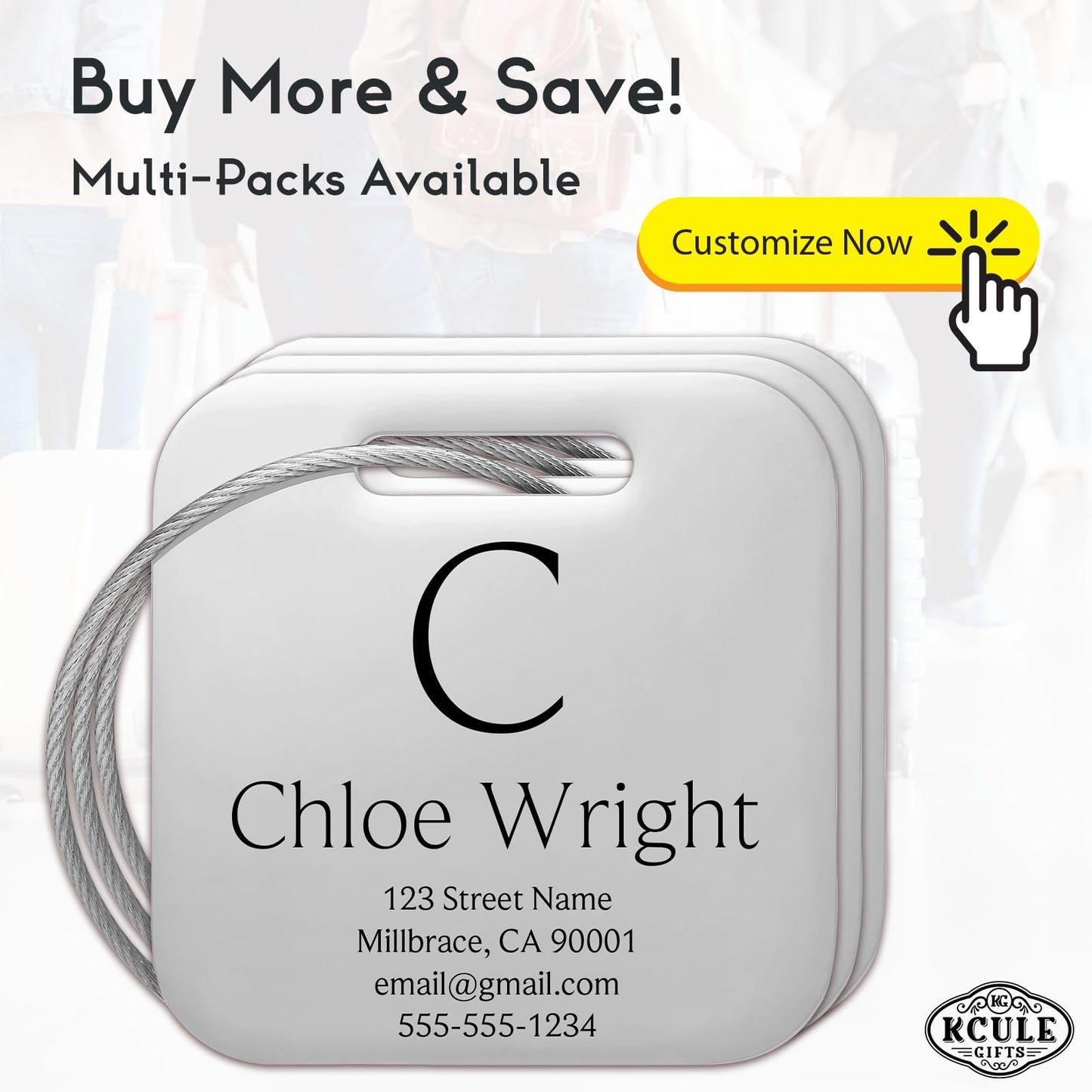 KCULE Customized Stainless Steel Luggage Tags: Personalize Your Suitcases, Backpacks, and Bags with Your Text (Silver)