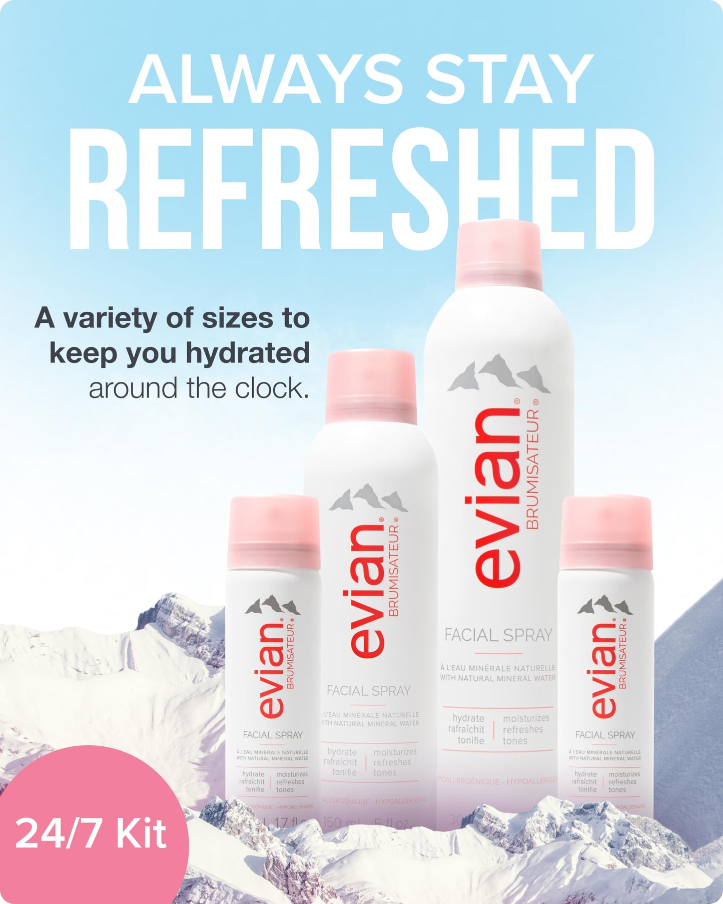BRUMISATEUR Evian Facial Spray 24/7 Kit - Hydrating Mineral Water Mist for Face & Skin - Refreshes Makeup, Sets, & Tones - Travel-Friendly Sizes