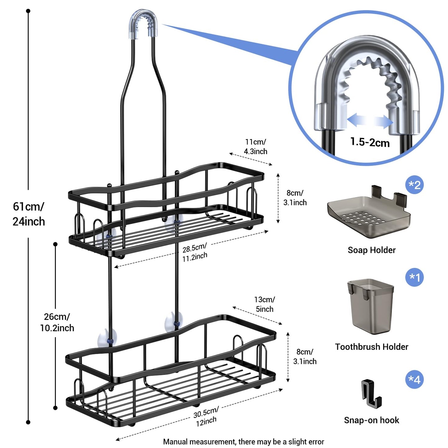 Aitatty Hanging Shower Caddy – Rustproof Over Shower Head Organizer with Shelves & Soap Holder – No Drilling, Black