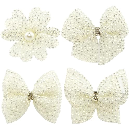 Pearls White Hair Bows for Girls, 4 Pieces Elegant Flower Rhinestone Alligator Hair Clips Beads Hairgrip for Women Teens