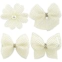 Pearls White Hair Bows for Girls, 4 Pieces Elegant Flower Rhinestone Alligator Hair Clips Beads Hairgrip for Women Teens