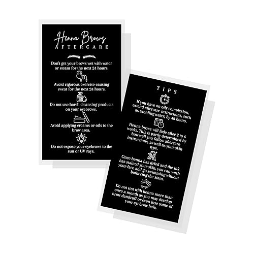 Brow Henna Aftercare & Tips Cards | Physical Printed 2 x 3.5” inches Business Card Size | Brow Artist Supplies | Henna Brow Care | Black and White