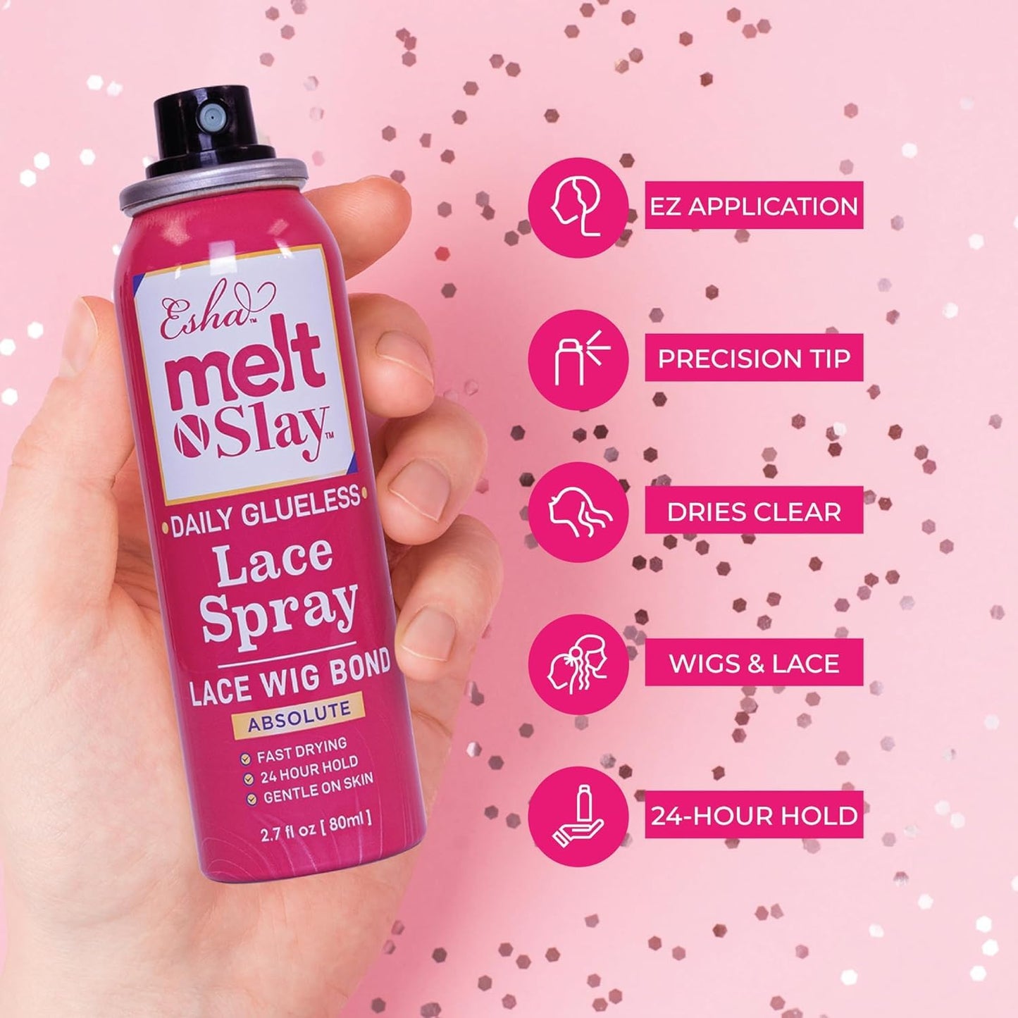 Esha Melt N Slay Glueless Lace Spray, Melting and Holding for Wigs, Lace Bond Adhesive Spray for Closure Wigs, Extensions, Strong, Natural Forming