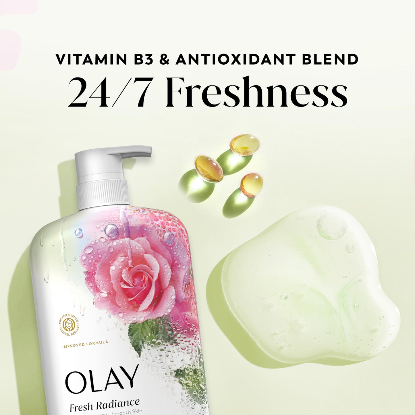 Olay Body Wash for Women, Fresh Radiance, 24/7 Skin-Loving Freshness, Visibly Radiant, Plant Based Cleansers, Vitamin B3 & Antioxidant Blend, All Skin
