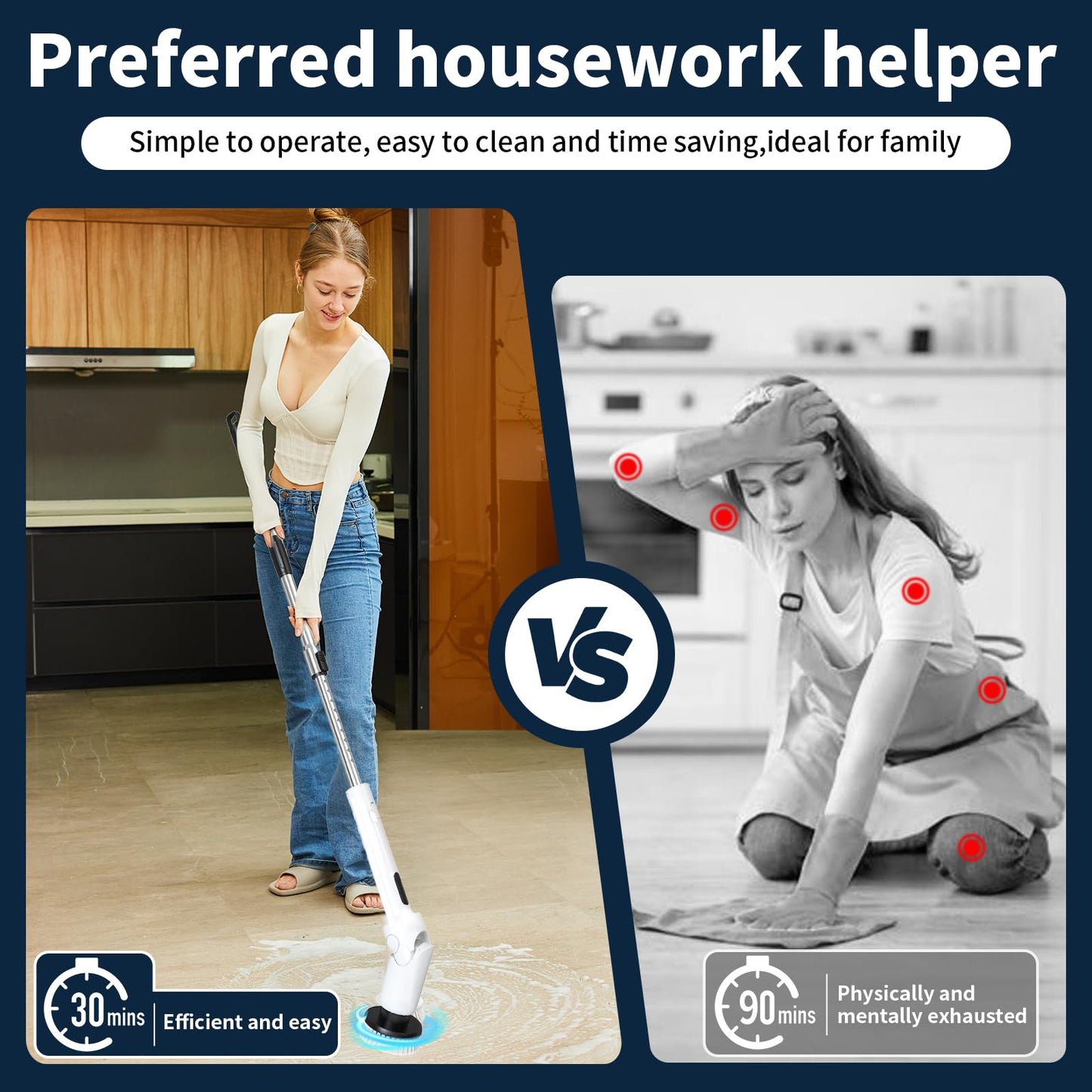 Electric Spin Scrubber - Cordless Cleaning Brush with Digital Display, 2 Speeds, 8 Brush Heads, IPX7 Waterproof, Adjustable Long Handle for Bathroom, Tub, Tile, Shower, and Car