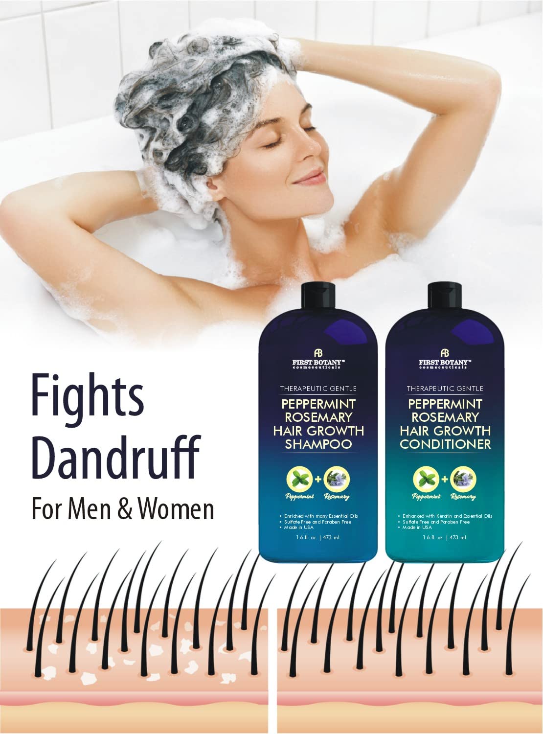 First Botany, Peppermint Rosemary Hair Regrowth and Anti Hair Loss Shampoo and Conditioner Set - Daily Hydrating, Detoxifying, Volumizing Shampoo