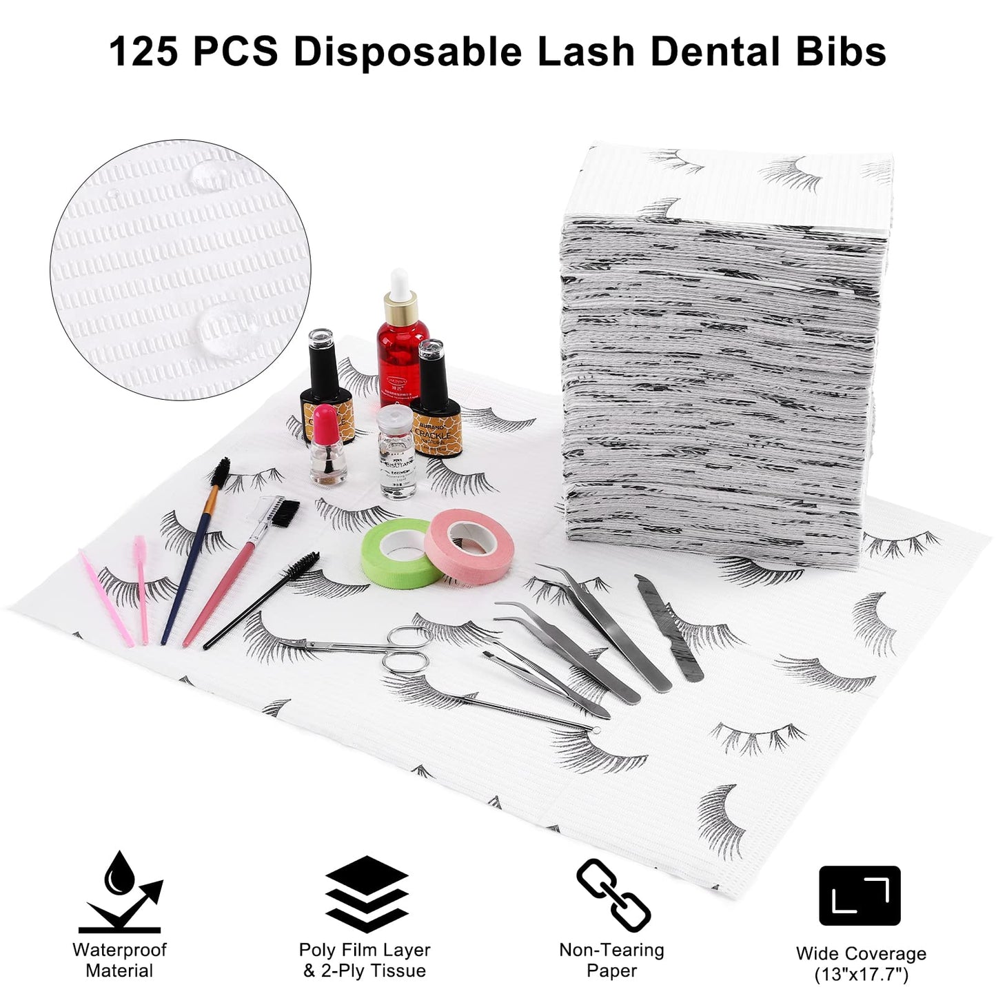 PRASNE Lashing Dental Bibs Disposable Pack of 125, Lash Pillow Cover of Lash Supplies, White 3-Ply Paper Poly Waterproof Towels, 13” x 18”, Black