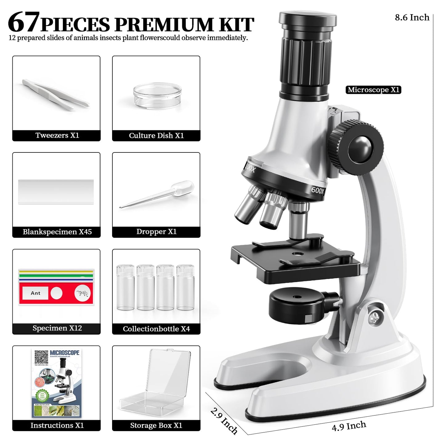 Novaluki 65PCS Kids Microscope Kit – 100x-1200x Magnification with 7 LED Colors & 12 Slides, STEM Science Set for Boys & Girls Ages 5–12