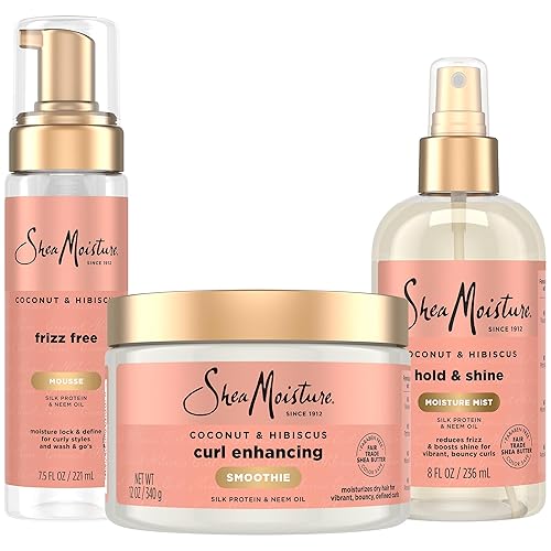 SheaMoisture Curl Care Bundle, Coconut & Hibiscus, Curl Enhancing Smoothie, Hold & Shine Moisture Mist, Frizz Free Mousse for Curly Hair, Wavy Styles