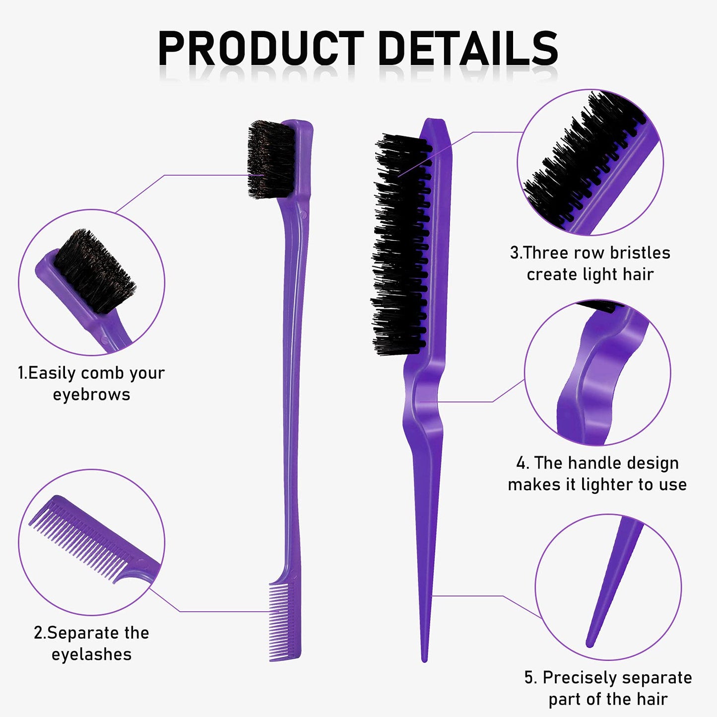 Remerry Nylon Hair Brush Set for Women & Girls, 12 Pieces Including 3 Row Salon Teasing Brushes, Double Sided Hair Edge Brush, Rat Tail Combs
