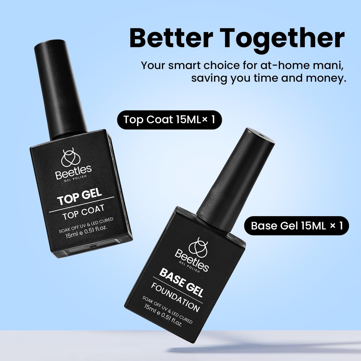 Beetles No Wipe Gel Top Coat and Base Coat Set for Gel Nail Polish - 2Pcs 15ml Super Shiny and Long Lasting Soak Off UV/LED Lamp Nail Art Design Gift Beauty and Personal Care beetles Gel Polish
