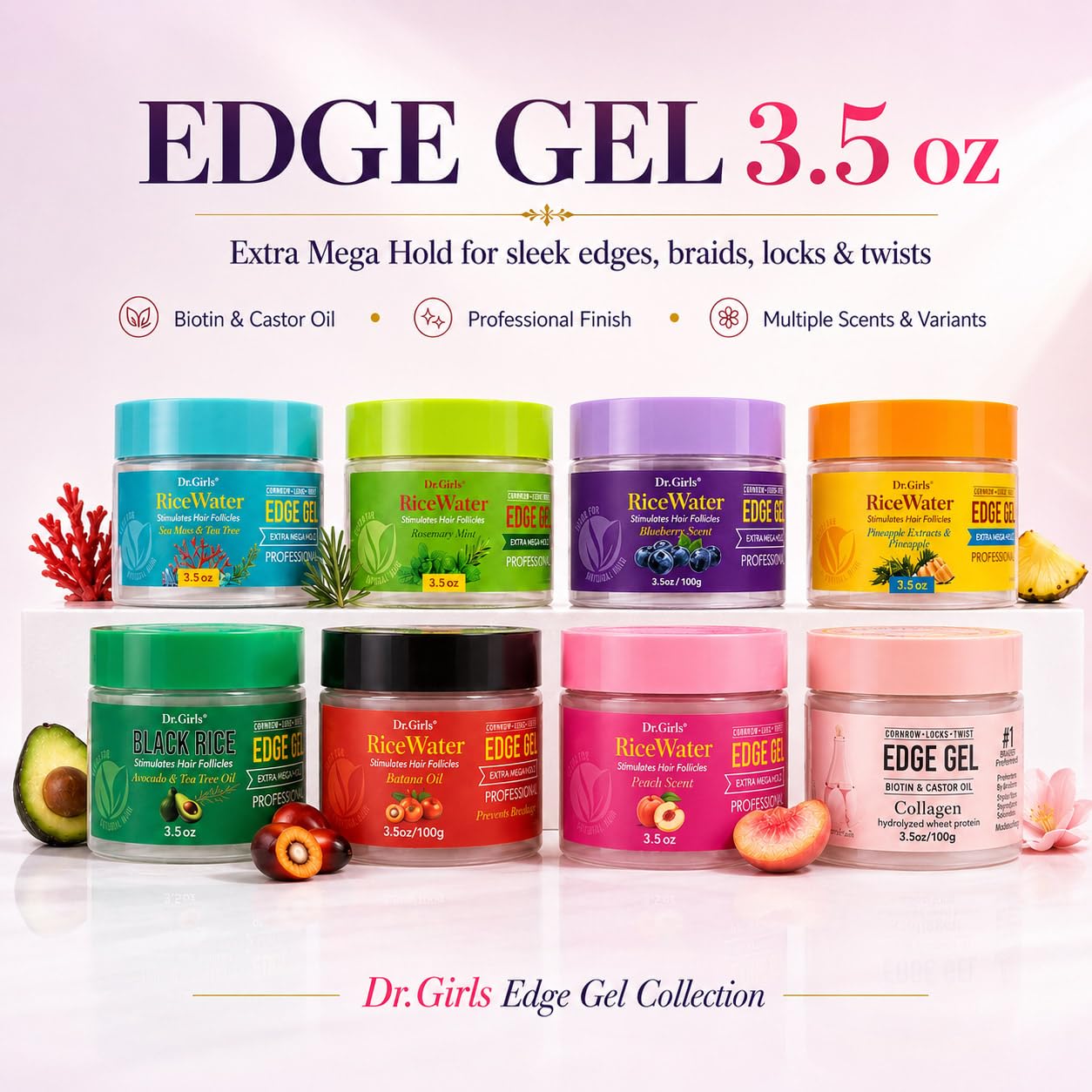 Dr. Girls Rice Water Edge Gel - Extra Mega Hold for Cornrows, Locs & Twists with Biotin, Castor Oil 3.5oz (Peach)