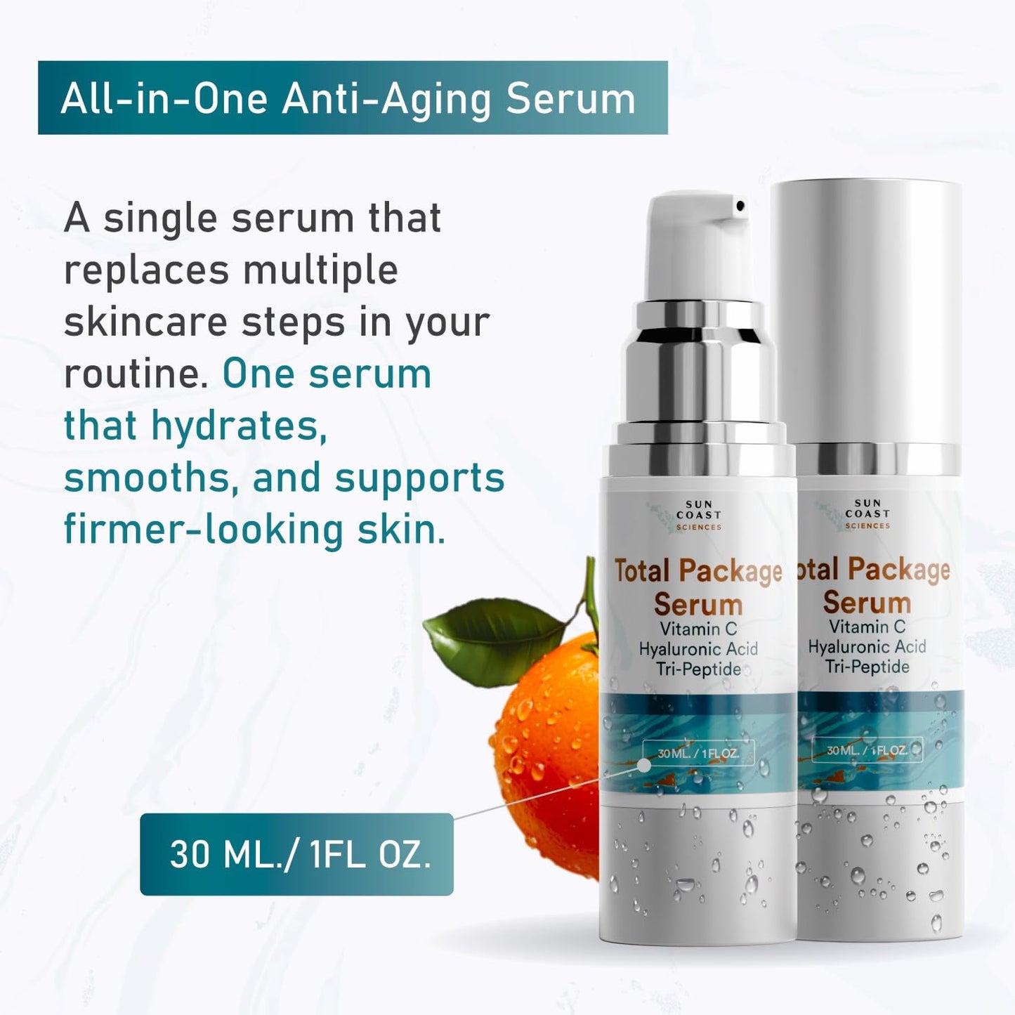 Sun Coast Sciences - Total Package Serum - Vitamin C Serum with Hyaluronic Acid & Peptides for Face - Hydrating Anti Aging Face Serum for Smoother Beauty and Personal Care SUN COAST SCIENCES