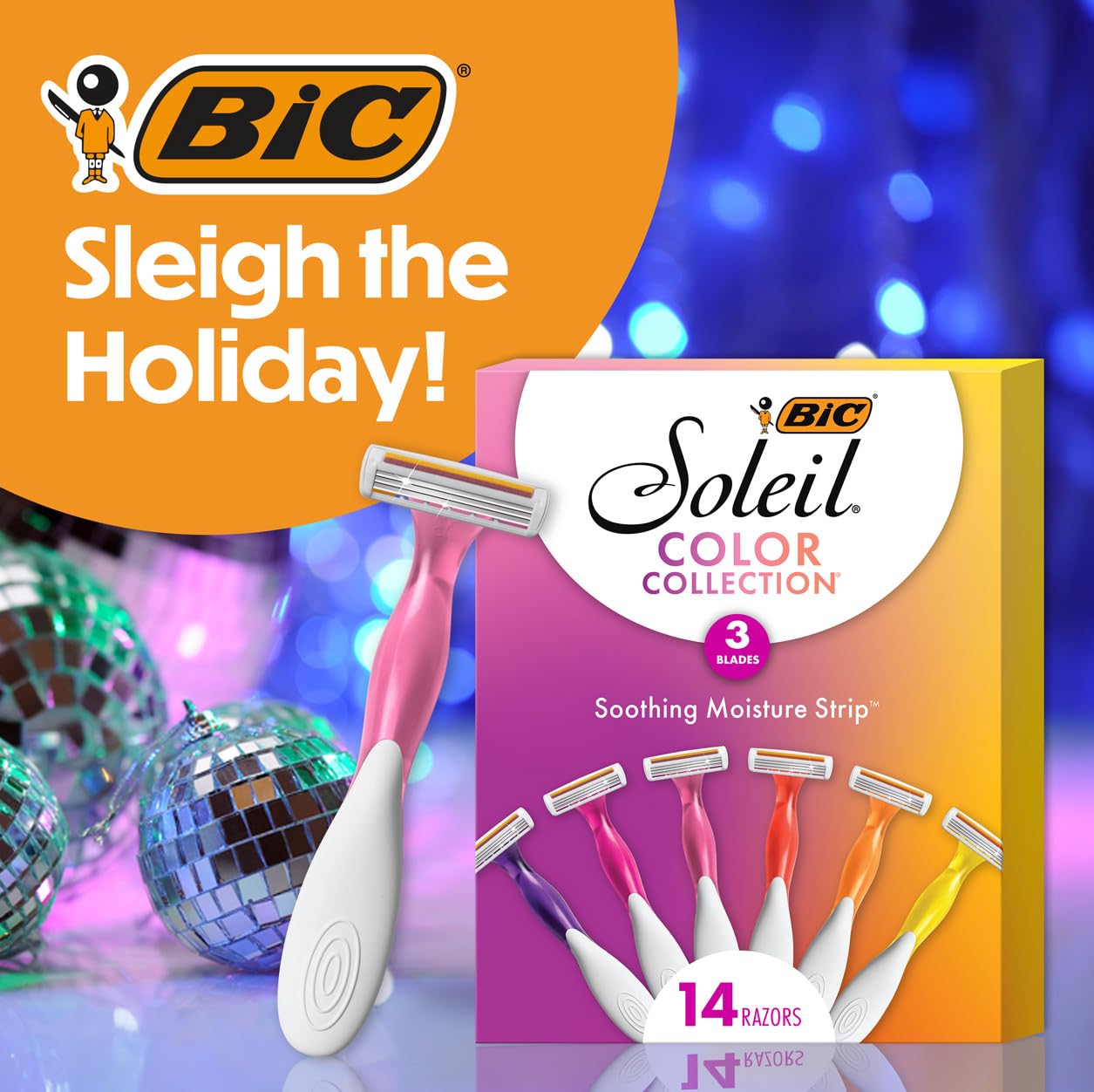 BIC Soleil 3 Colors Women's Disposable with 3 Blade Razors, Aloe Vera and Vitamin E Lubricating Strip for Enhanced Glide, 14-Pack, Stocking Stuffers