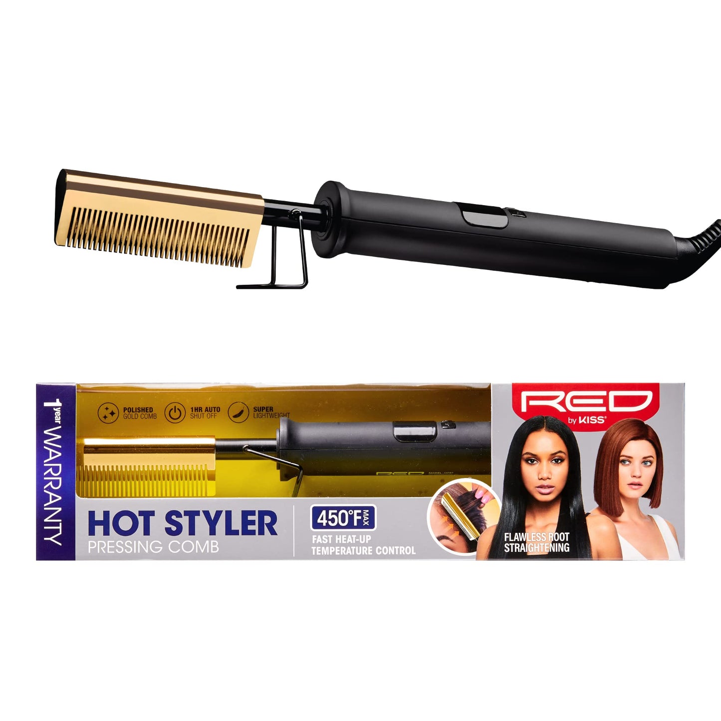 Red by Kiss Hot Comb Hair Straightener 450 Degrees, Straight Teeth Electric Heating Comb, Pressing Comb Brush for Straightening Hair and Beard