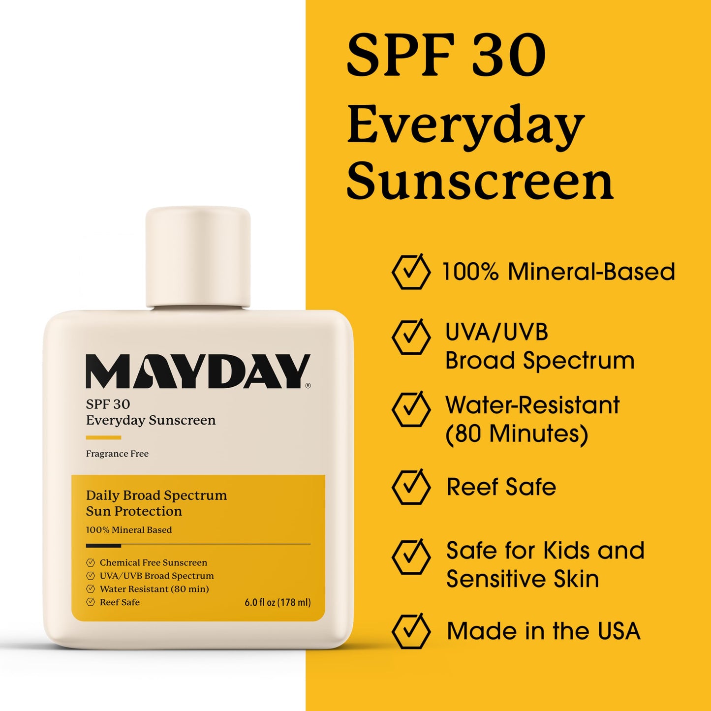 MAYDAY SPF 30 Everyday Sunscreen - Chemical-Free, Fragrance-Free, Water-Resistant Broad Spectrum Protection for Face & Body - Suitable for All Skin