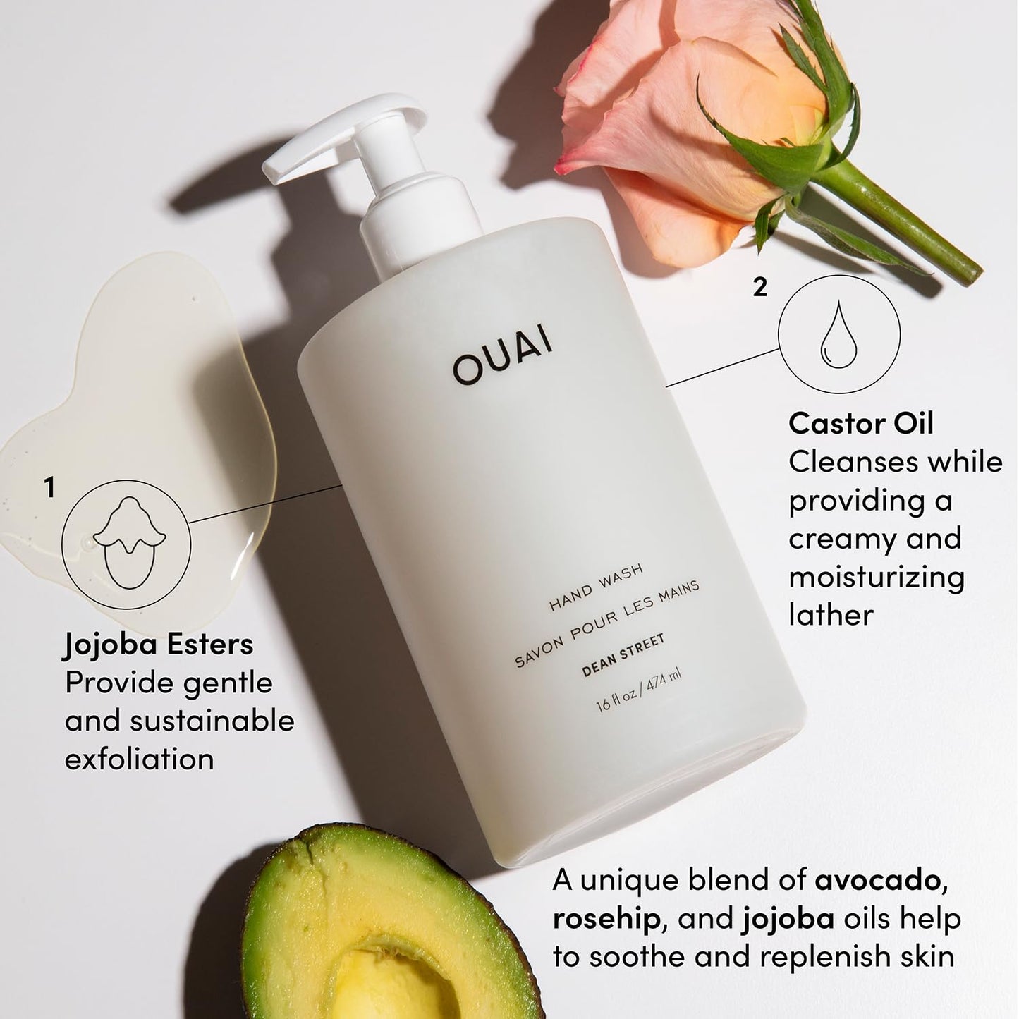 OUAI Hand Wash and Hand Lotion Set, Dean Street Scent - Moisturizes and Exfoliates with Daily Use - Made with Jojoba Esters, Avocado & Rosehip Oils