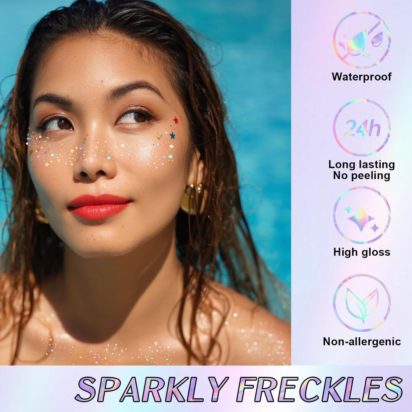Glitter Freckles, Holographic Face and Body Glitter Tattoo Sparkle for Women Gold Glow Cosmetic Star Makeup Accessories for Festival Rave