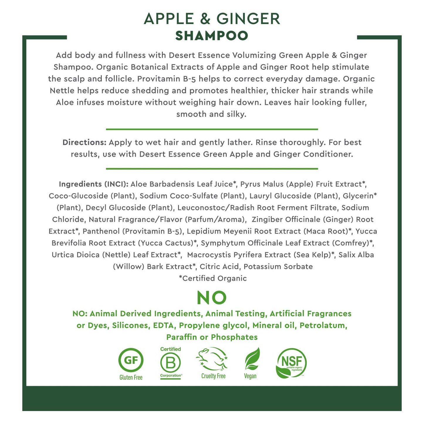 Desert Essence Green Apple & Ginger Shampoo & Conditioner Bundle - 8 Fl Ounce - Volume For Fine Hair - Natural - Deep Moisturizing - Antioxidants