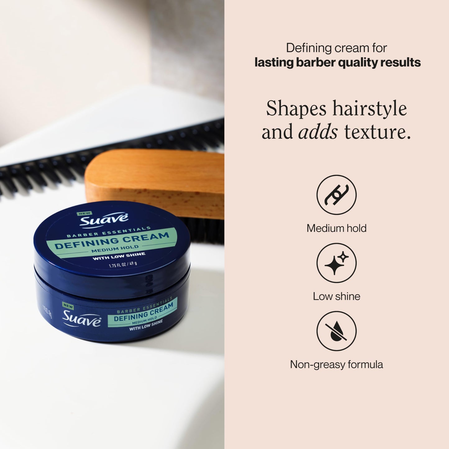 Suave Hair Cream Barber Essentials Defining Cream for Men, Medium Hold and Low Shine, Long-Lasting Barber Quality Results, 1.75 oz