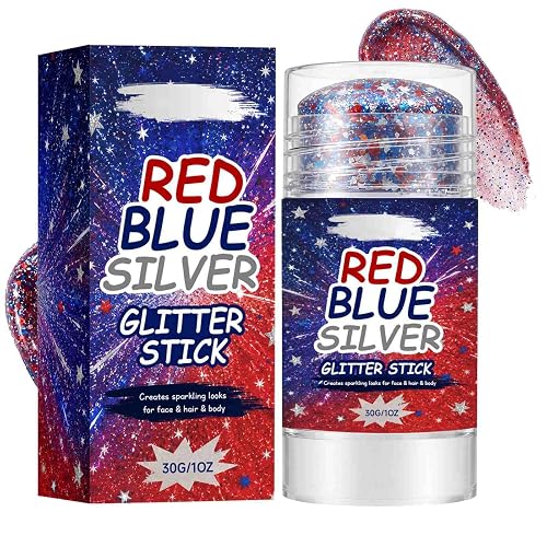 4th of July Glitter Stick,Face & Body Glitter Stick,Red Blue Silver Chunky Glitter Stick,Face Hair Body Glitter Makeup Stick for Party,Festival