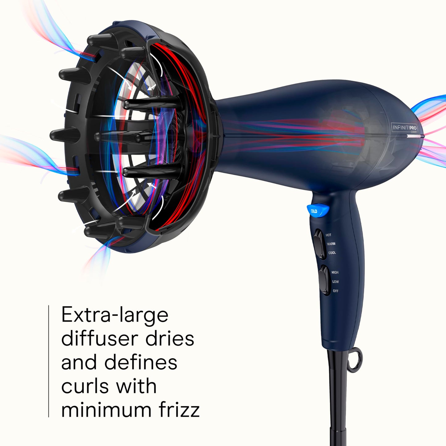 INFINITI PRO CONAIR Hair Dryer with Innovative Diffuser, Enhances Curls and Waves While Reducing Frizz, Dark Blue
