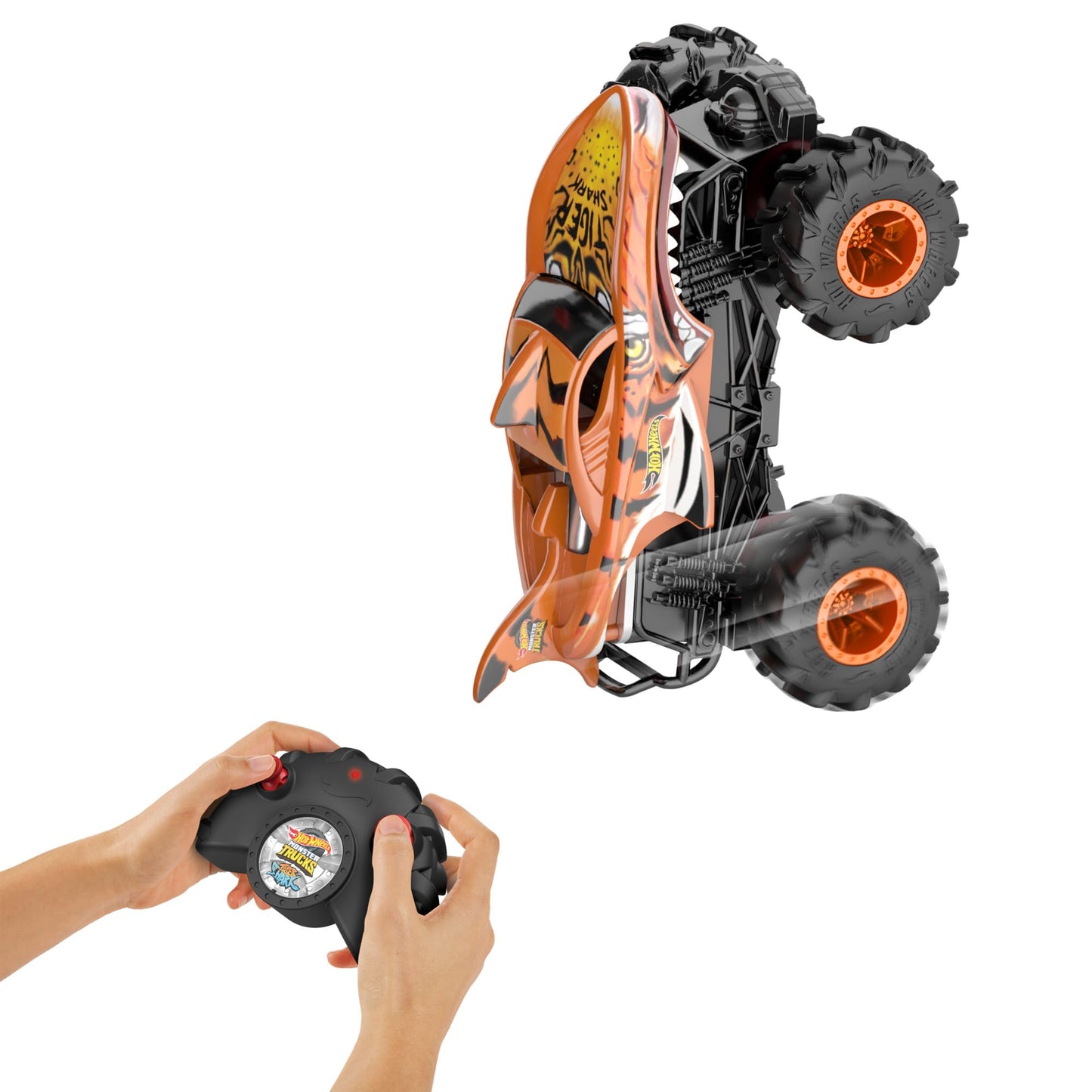 Hot Wheels Monster Trucks RC, 1:24 Scale Tiger Shark Vehicle, Oversized Remote-Control Toy Truck with Terrain Action Tires