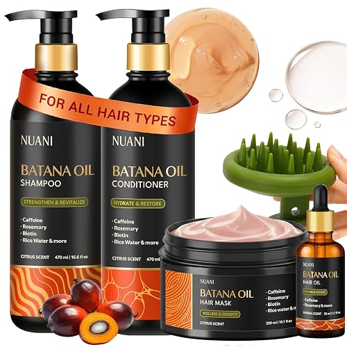 Nuani Batana Oil Shampoo and Conditioner Set (16 fl oz / 470 ml) with Rosemary & Caffeine | Includes Deep Mask, Hair Oil & Silicone Scalp Massager |