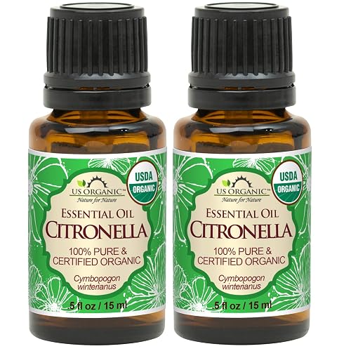 US Organic Citronella Essential Oil, USDA Certified, 100% Pure, 15 ml Pack of 2, Improved caps and droppers - Used for Skin Care, Many DIY Projects