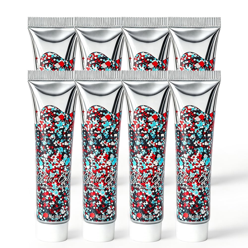 Waterproof Red White Blue Hair Glitter Stick for Patriotic Celebrations &Game Days, 4th of July Glitter Stick, Sparkling Face&Body Makeup with Star