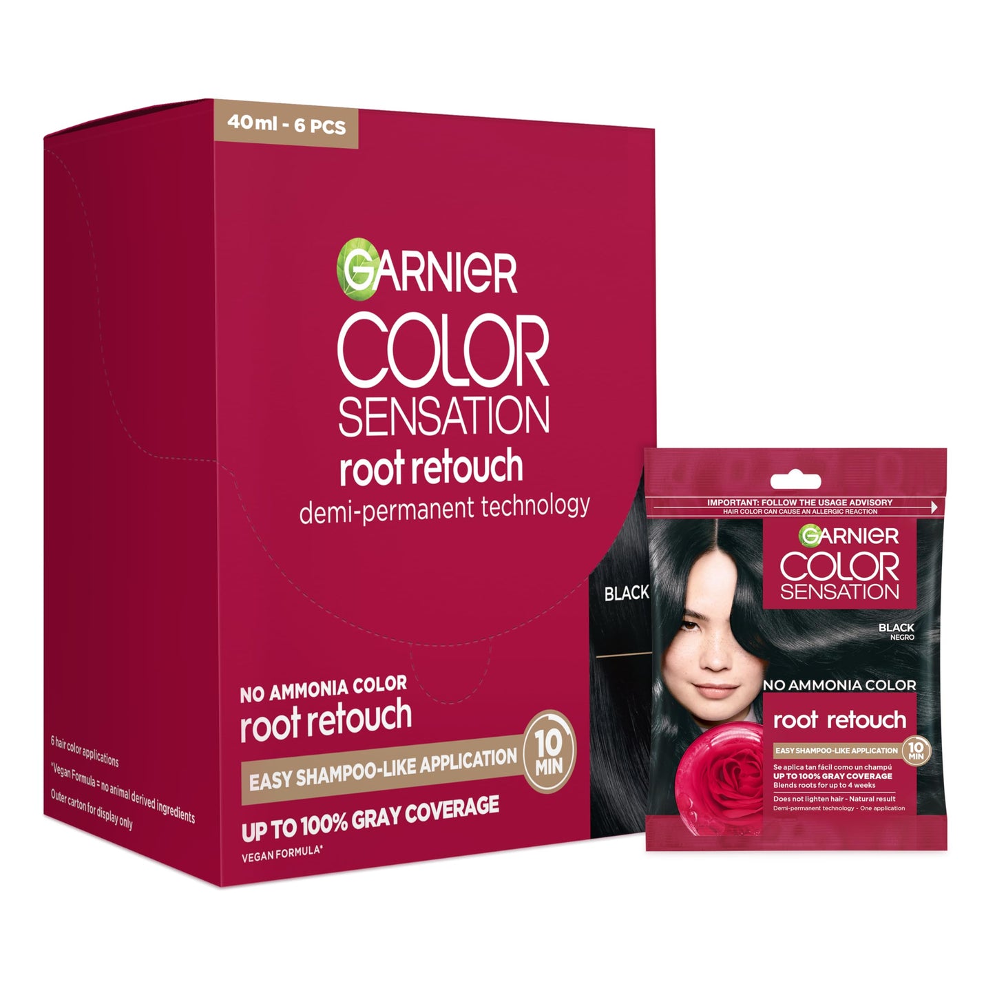 Garnier Color Sensation Root Retouch, Demi Permanent Hair Dye for Roots with 100% Gray Coverage and No Ammonia, Black Hair Dye 1.0, Pack of 6