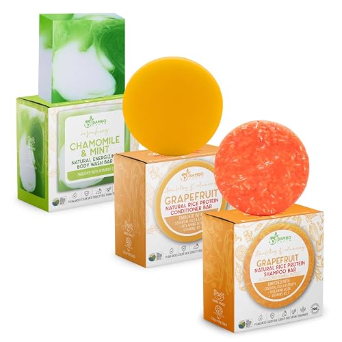 Solid Rice Protein Shampoo, Conditioner and Body Wash Bundle | Shampoo, Conditioner & Wash Bars For Hair and Body w/All Natural Essential Oils & Zero