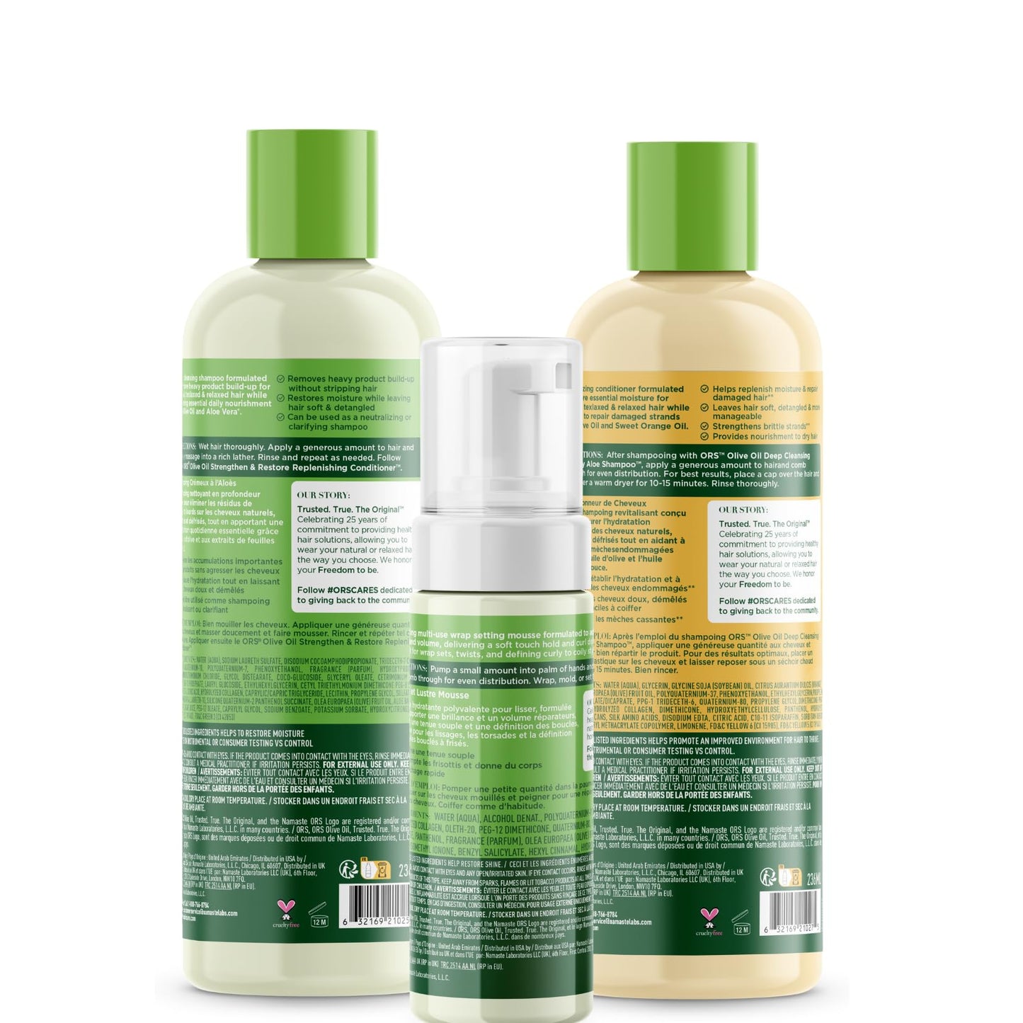 ORS Olive Oil Shampoo, Conditioner & Wrap Set Mousse with Aloe Vera, Orange & Coconut Oil for Healthier Hair (3 Piece Set)