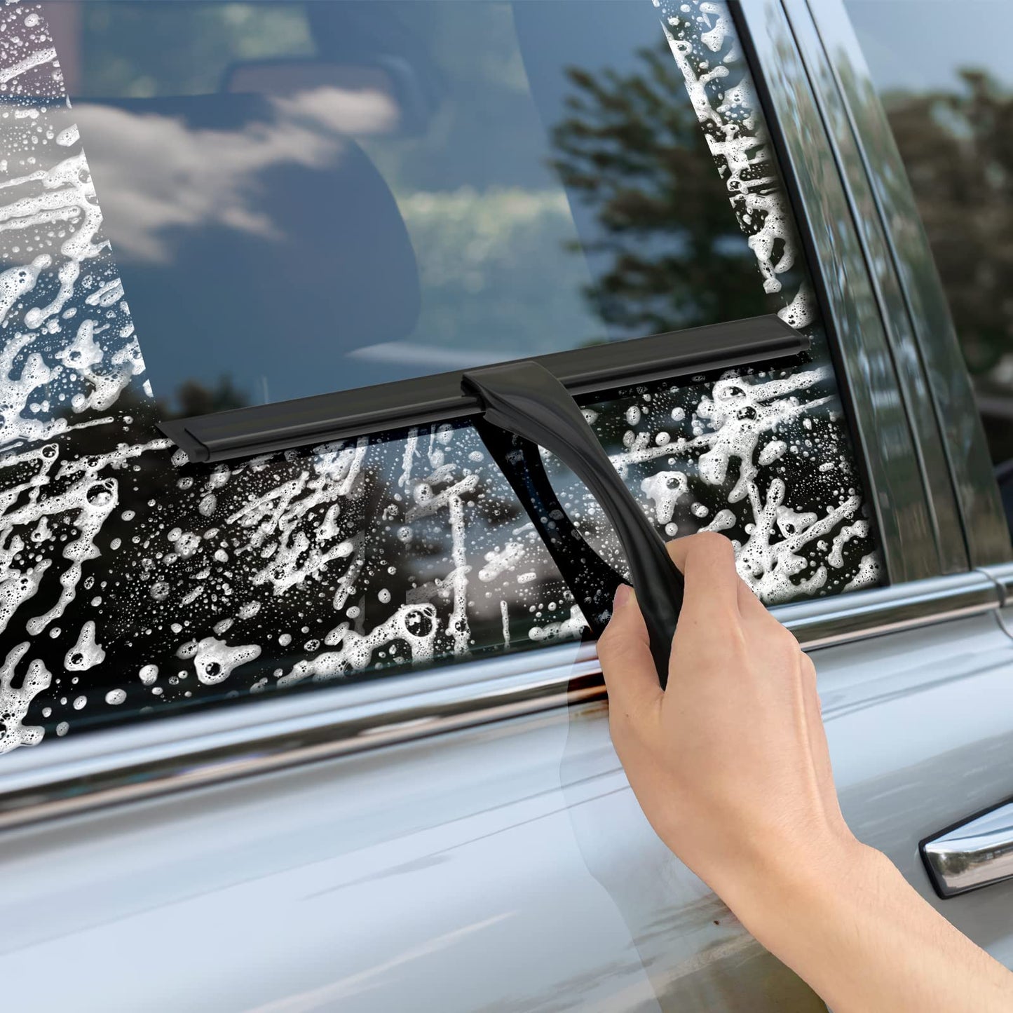 All-Purpose Stainless Steel Shower Squeegee – 10" Glass Door & Mirror Cleaner with Hook – Black, for Bathroom, Tile, Car