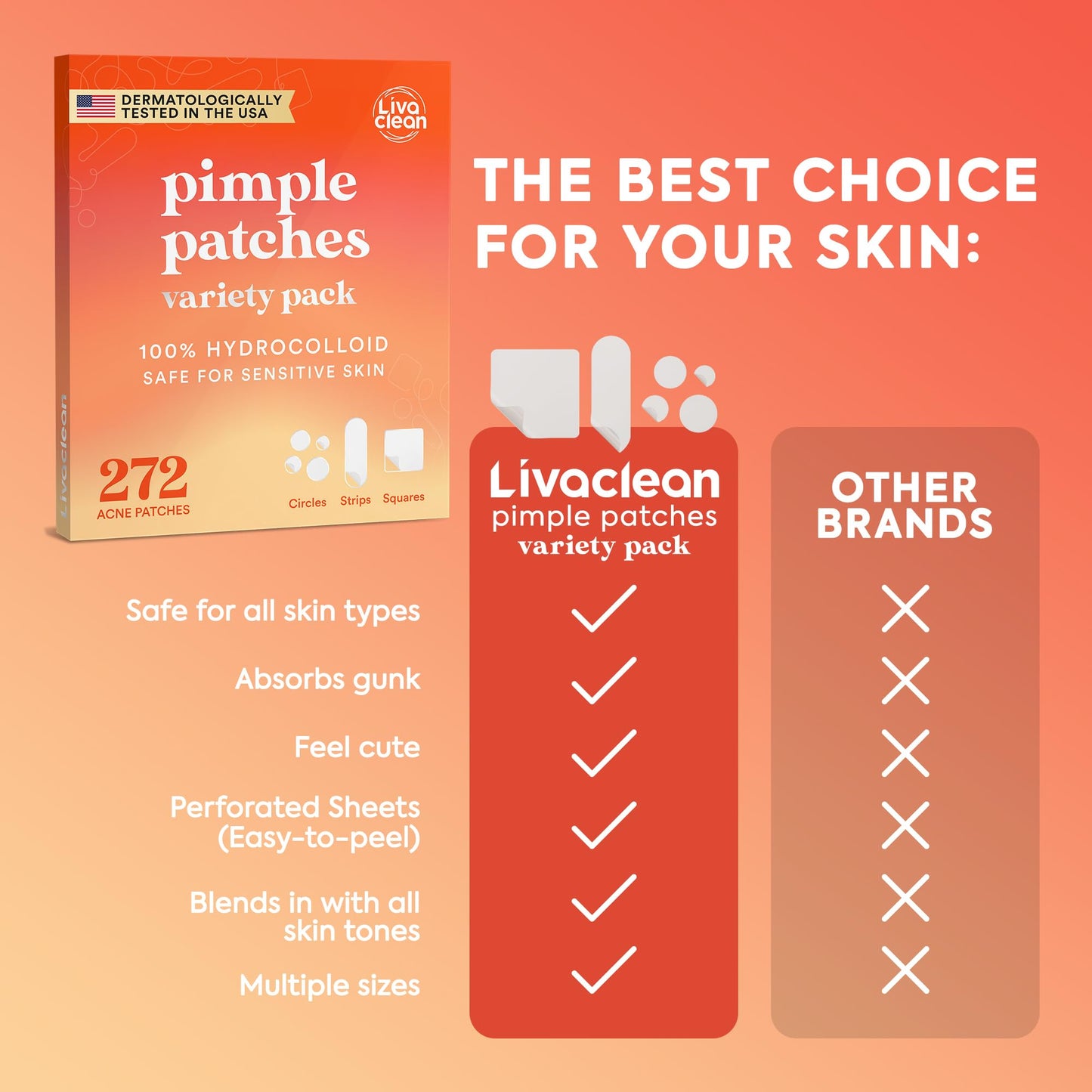 272CT Pimple Patches For Face - Variety Pack Hydrocolloid Acne Patches - Hydrocolloid Patch for Chin, Forehead, Body - Acne Dots, Pimple Patch Strips Beauty and Personal Care LivaClean