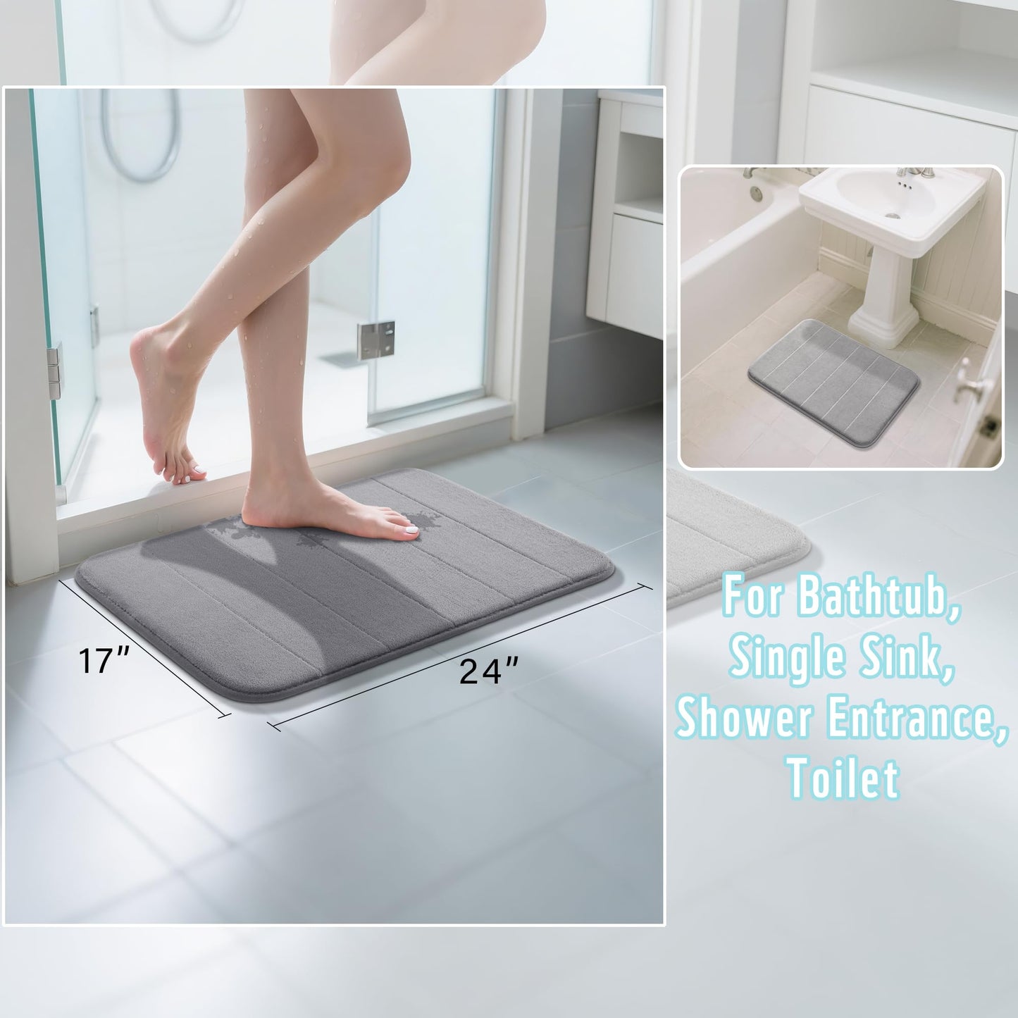 Yimobra Memory Foam Bath Mat, Super Soft & Absorbent, Non-Slip, Quick Dry, Machine Washable Rug for Bathroom, Tub & Shower, 24x17 in, Gray