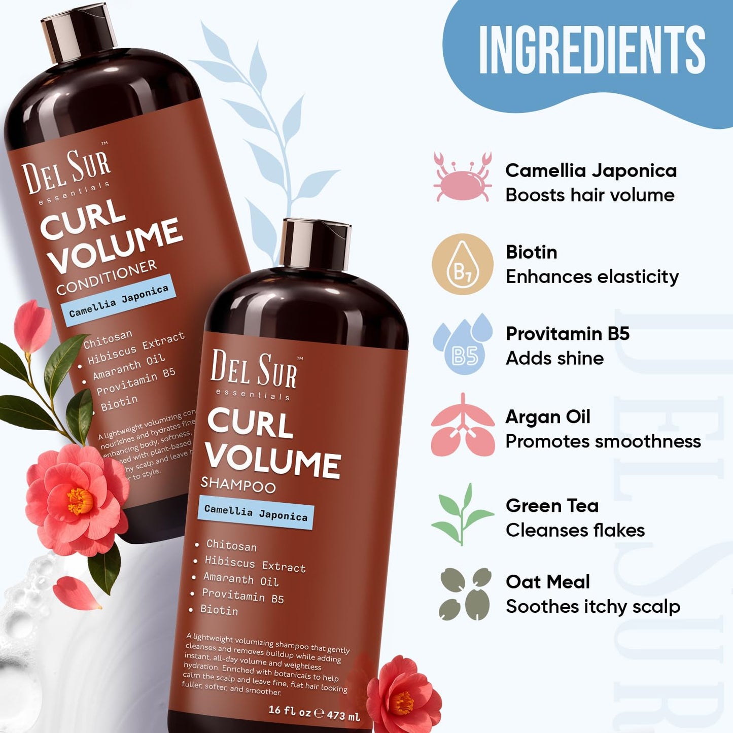 DEL SUR Curly Hair Shampoo and Conditioner Set | Curl Defining, Volume & Hydration | 16 fl oz Each | with Camellia Japonica, Hibiscus & Amaranth Oil |