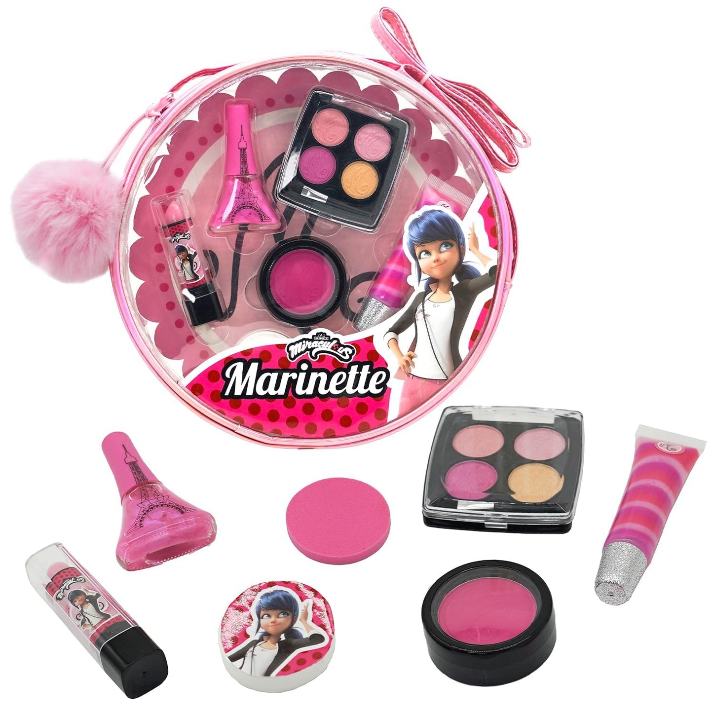 Miraculous Ladybug Kids Makeup Set - 10 Piece Bag with Nail Polish, Hair Chalk, Stickers & More - Safe, Non-Toxic Pretend Play Cosmetics - Marinette