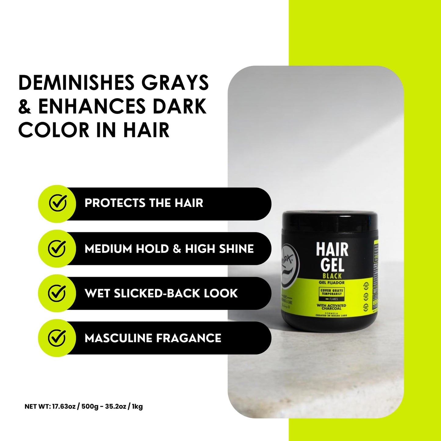 Rolda Black Hair Gel for Men - Medium Hold Styling Gel with Activated Charcoal for Wet Look - Covers Grays & Enhances Black Hair - Flake + Alcohol