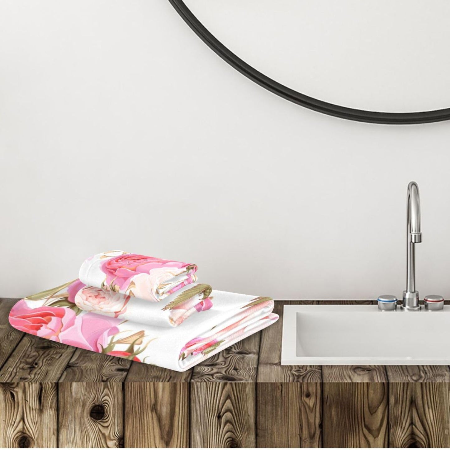 susiyo 3 Piece Bath Towel Set, Soft Highly Absorbent Bathroom Towels Beautiful Floral Pink Roses Fashion Print Quality Towels (Set of 3, 1 Bath…