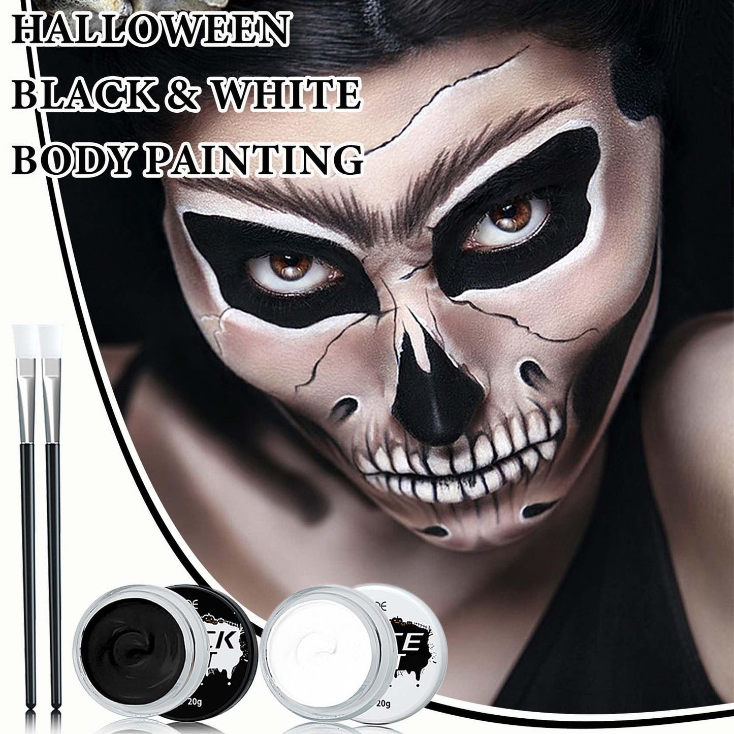 Black White Face Body Paint Set,Oil Based Face Painting Kit,Special Effects Halloween SFX Makeup Kit with 2 Brushes,Halloween Face Paint Palette Kit
