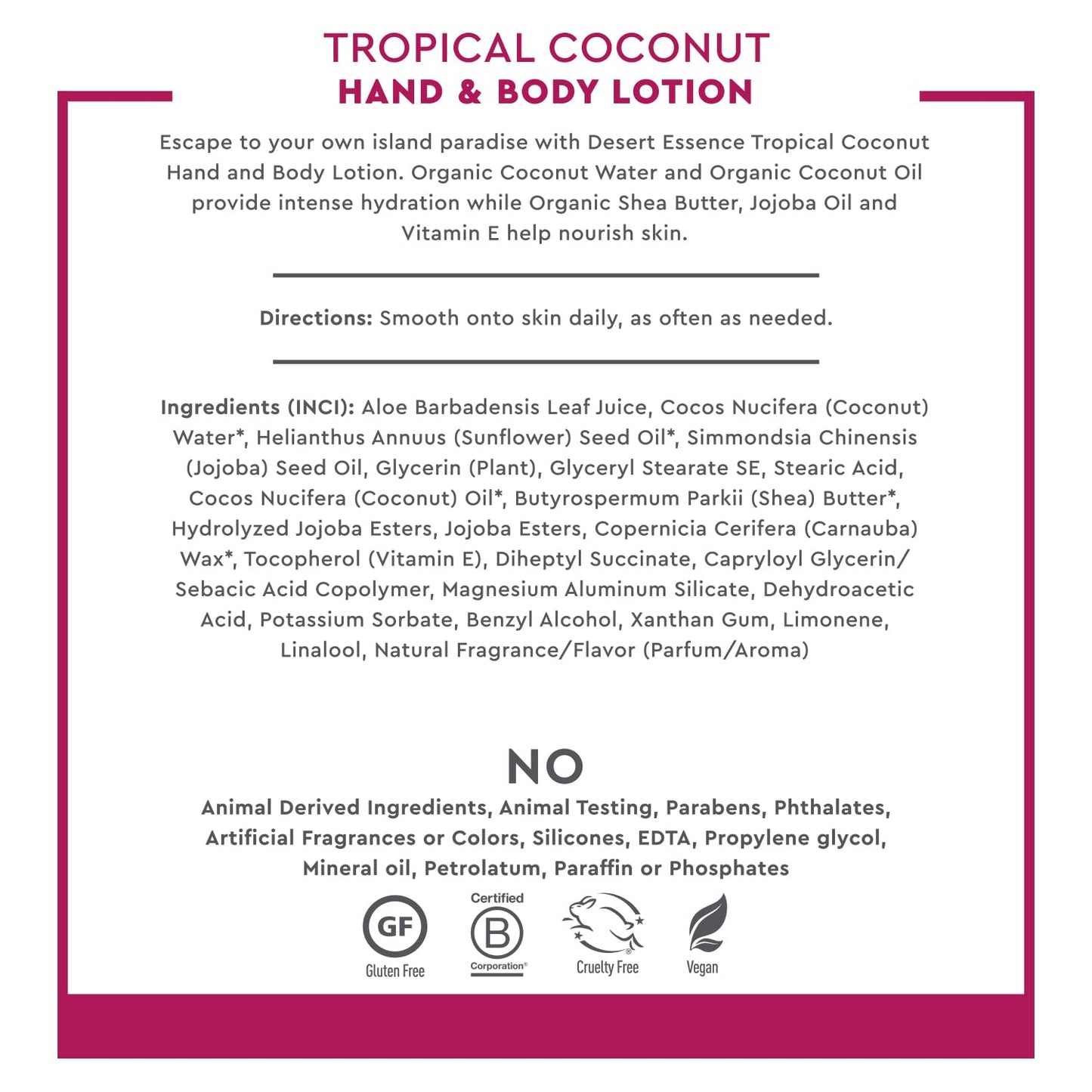 Desert Essence, Tropical Coconut Hand & Body Lotion 8 fl. oz. - Gluten Free - Vegan - Cruelty Free - Coconut Oil, Jojoba Oil & Vitamin E - Intense