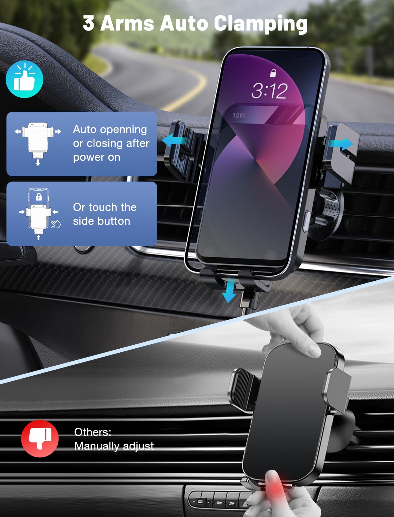 Wireless Car Charger, MOKPR Auto-Clamping Car Mount 15W/10W/7.5W Fast Charging Air Vent Car Phone Mount Compatible with iPhone 15/14/13/13 Pro/12 Pro…